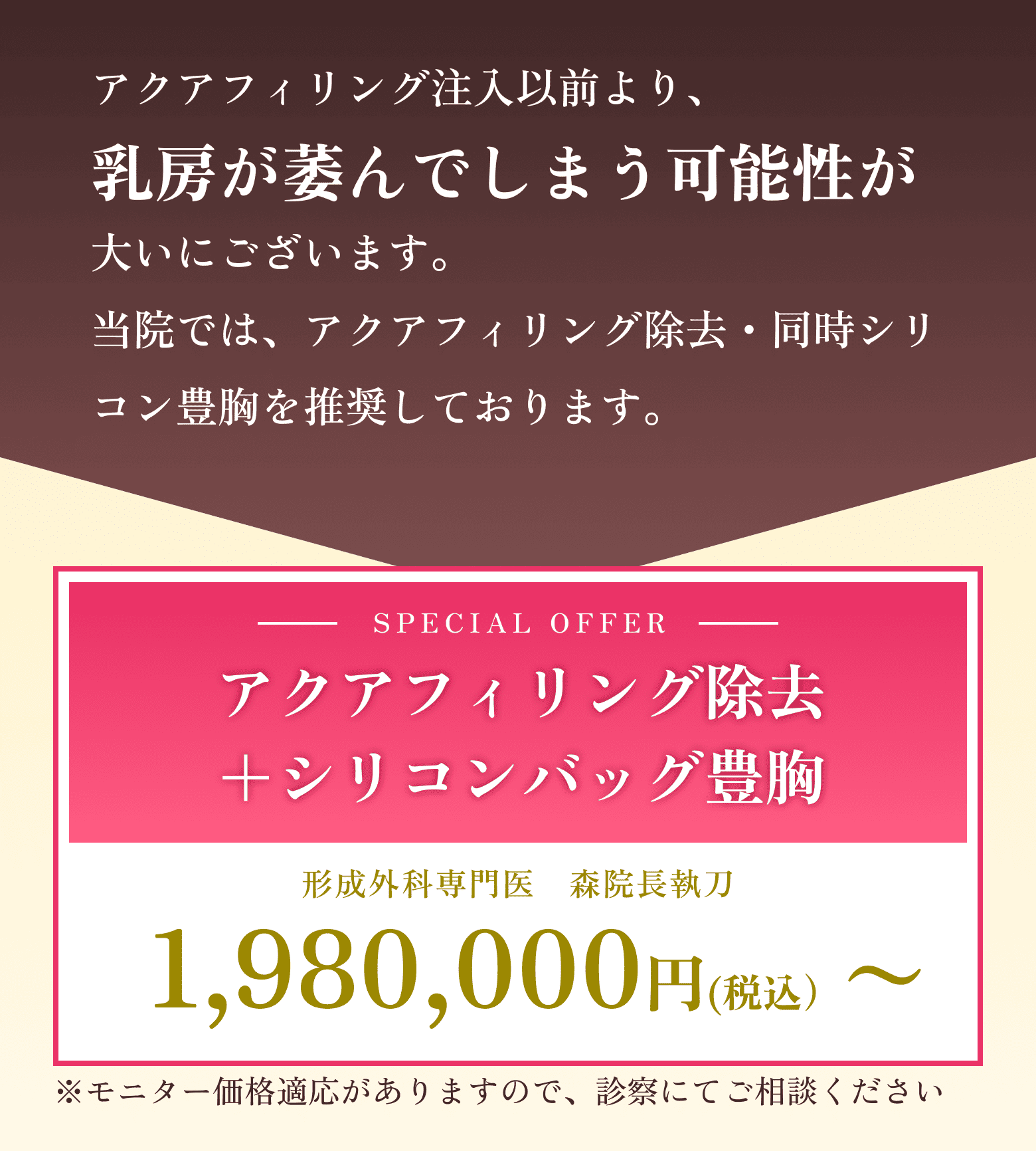 アクアフィリング注入以前より、乳房が萎んでしまう可能性が
大いにございます。当院では、アクアフィリング除去・同時シリコン豊胸を推奨しております。アクアフィリング除去 ＋シリコンバッグ豊胸 1,980,000円(税込）〜